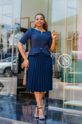 Elegant navy blue official pleated peplum dress